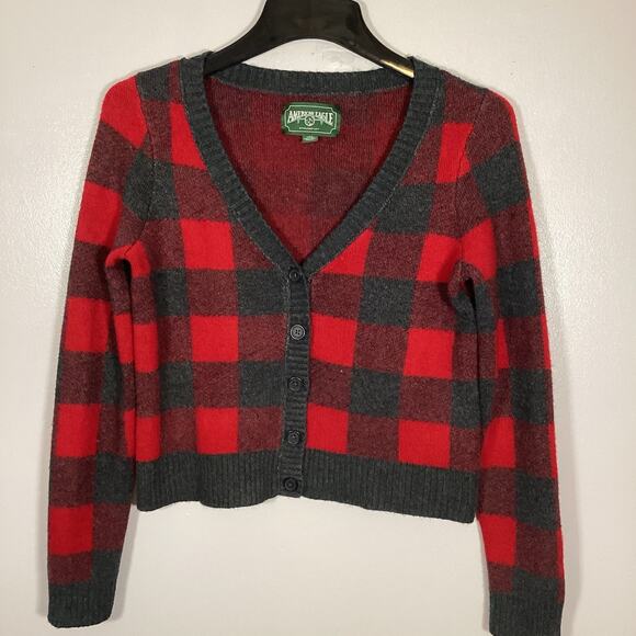 American Eagle Red Grey Plaid Buffalo Check Button Cardigan Large Fall Thick - Picture 7 of 7